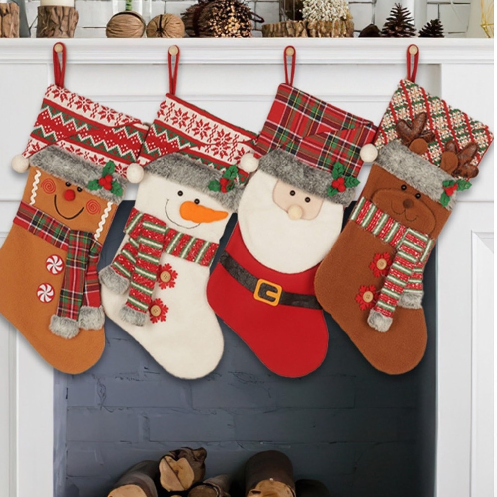 Festive Christmas Stockings Set of 4 - Snowman, Reindeer, Santa, Gingerbread NEW
